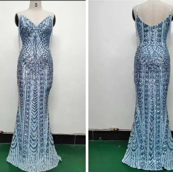 Blue, Geometric Print, Strapless,  Sleeveless, Beaded,   Contrast Sequin… - Picture 15 of 16